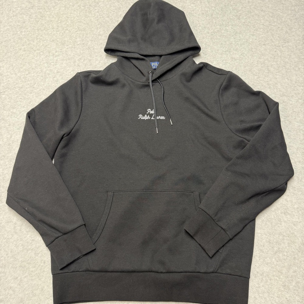 Polo Ralph Lauren Hoodie Mens Large Black Fleece Script Logo Pullover Sweatshirt